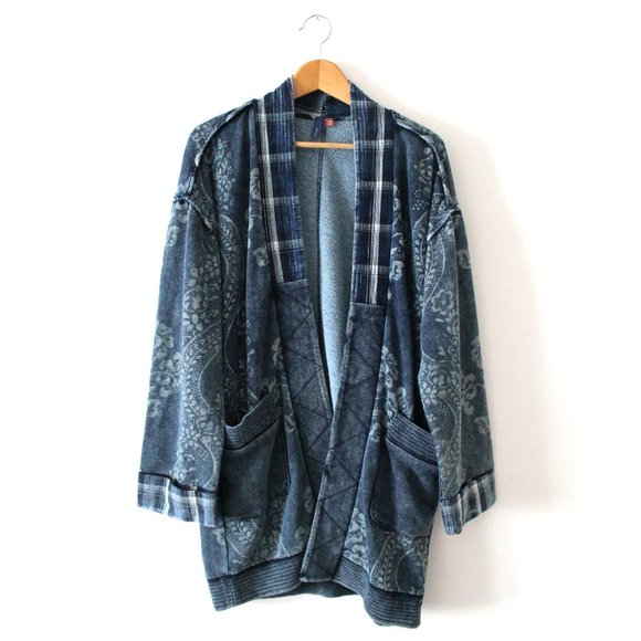 Pilcro Quilted Kimono Jacket / S/M / Blue Motif Anthropologie Long Cardigan Wrap - Picture 4 of 10